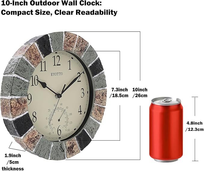 eYotto 10 Inch Small Outdoor Clock Waterproof with Thermometer,Weather-Resistant Non-Ticking Battery Operated Wall Clocks Weatherproof for Patio, Pool, Garden, Lanai, Fence, Porch, Deck