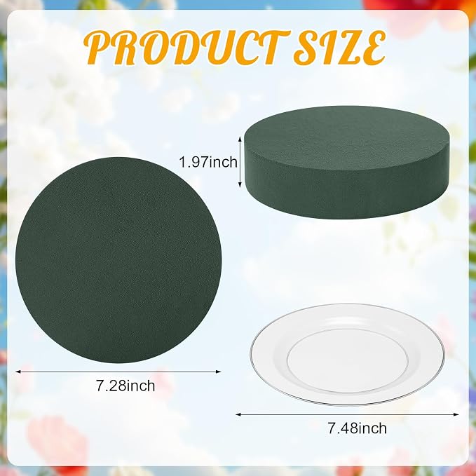 Threlaco 6 Sets Round Floral Foam and Clear Plastic Saucer Plant Drip Tray Floral Flower Dish Green Foam for Artificial Flowers Wedding Home Party Decoration