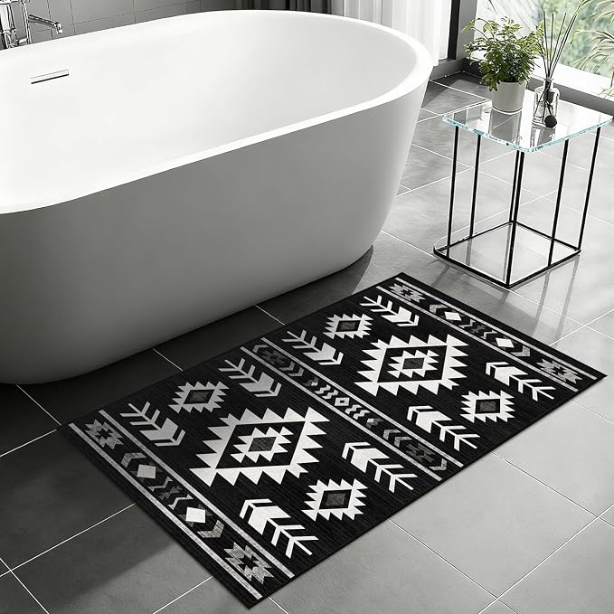 Western Area Rug 4x6 for Living Room, Southwestern Aztec Tribal Area Rugs Southwest Navajo Machine Washable Rug Non-Slip Printed Low-Pile Floor Carpet for Bedroom Dining Room Office, Black