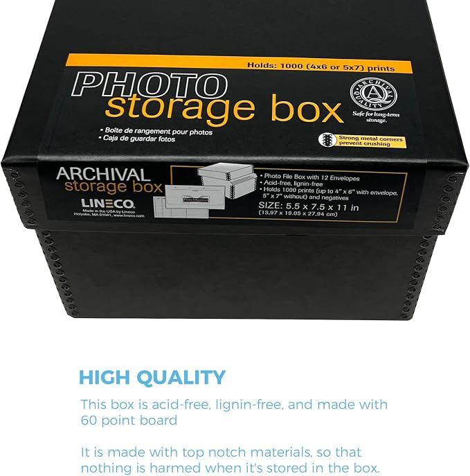 Lineco 4x6 Photo Storage Box, with 12 Envelope, 5.5x7.5x11, Black, 2 Pack | Holds Up to 1000 3.5" x 5", or 4" x 6" Pictures, Metal Edge, Archival Organizer for Cards, Prints, Stickers, Stamps, Seeds