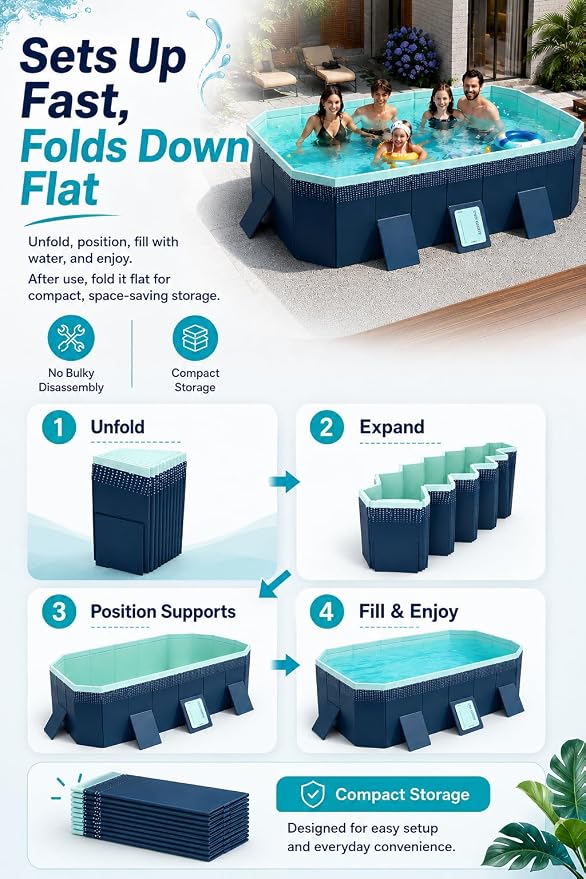 Non-Inflatable PVC Folding Swimming Pool Capacity Outdoor & Indoor Portable Pool for Patio, Garden, Yard, Adult & Family Summer Relaxation(82.67 Inch)