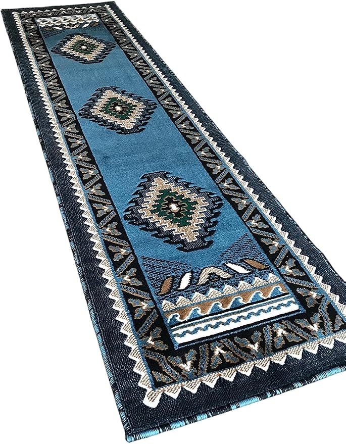 YHSF South West Native American Area Tribal Rug - Blue Green, 2' x 7' | Easy-Clean, Soft & Durable Tribal Rug for Living Room, Bedroom, Kitchen & More - Stain-Proof Runner for Home Decor