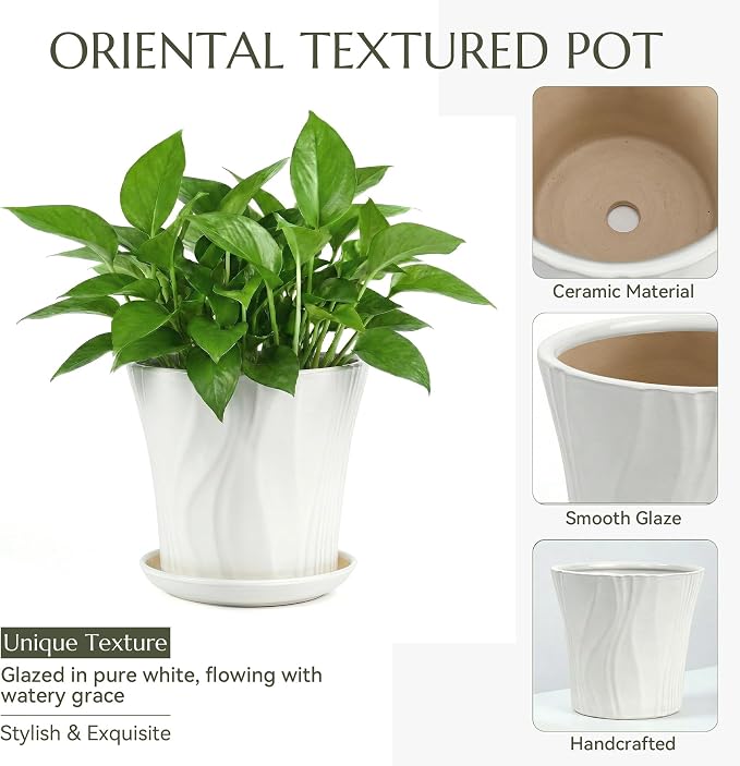 8.3 Inch Ceramic pots for Plants with Saucer Drainage Leak-Proof Mesh, Round Plant Pot with Gardening Gloves for Indoor Outdoor Plants (Rippled White)