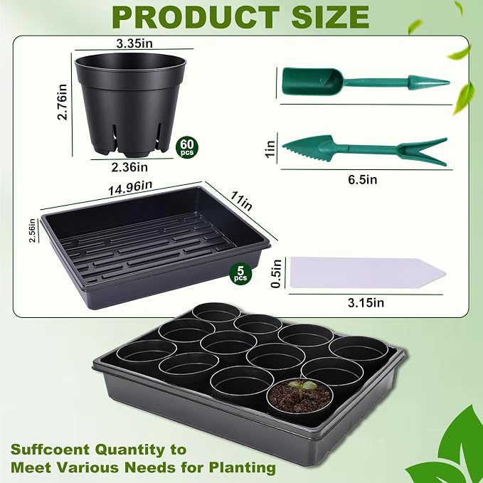 Seed Starter Tray Kit - 60-Pack 3.4 Inch Round Nursery Pots with Drainage Holes, 5 Seedling Trays, 100 Plant Labels & 2 Transplanting Tools for Vegetables, Flowers, Herbs Seed Starting