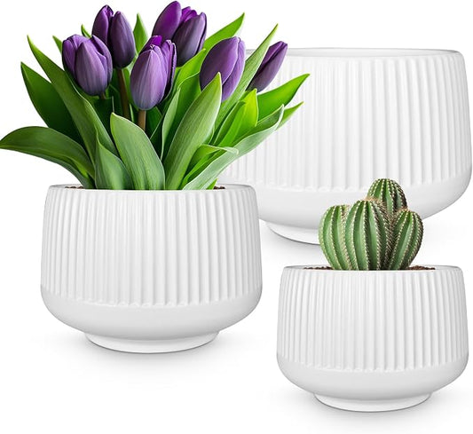 OXART Ceramic Plant Pot, 12+9+6.6 inch Large Plant Pot with Drainage, 3 Piece Planters for Indoor Plants, Modern Decor Home Office Garden Flower Pots for Indoor Outdoor Plant Set, White