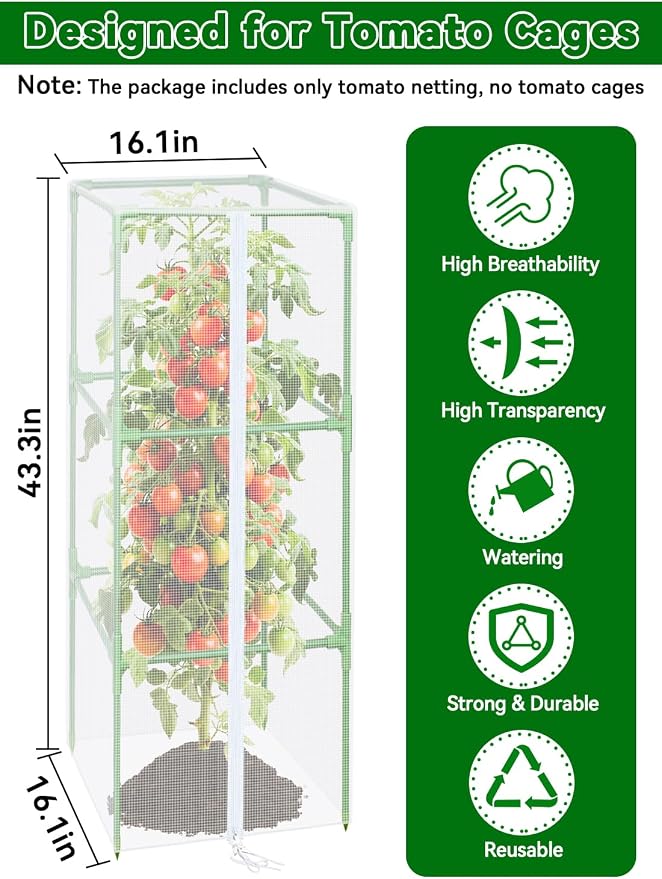 ZeeDix 43.3" x 16.1" Garden Bird Netting for Square Tomato Cage, 4 Pack Garden Mesh Barrier, Plant Covers Protect Tomatoes, Vegetables, Blueberry Bush from Birds & Pests