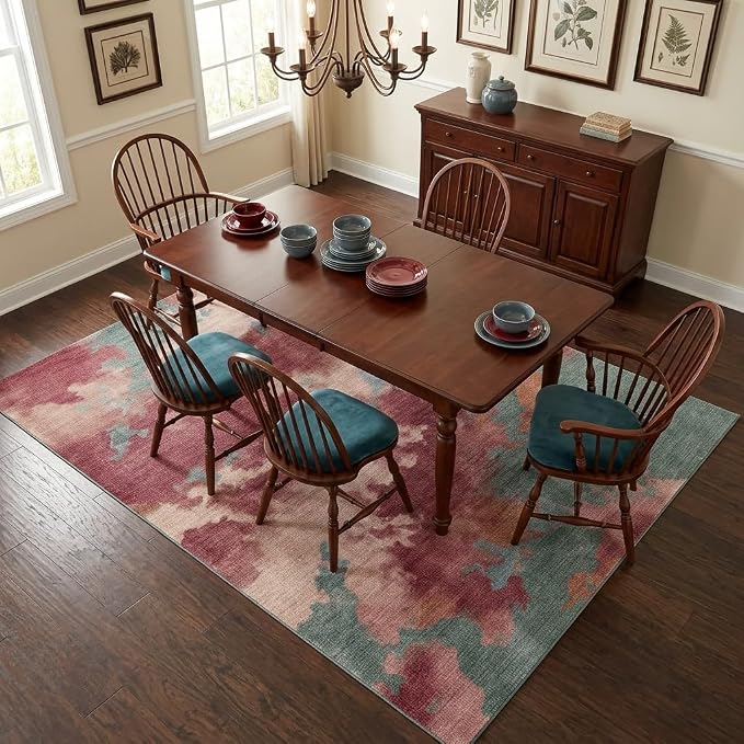 5x7 Pink, Green and Cream Modern Abstract Watercolor Area Rug | Washable non-slip low-pile faux cashmere rug for living rooms, bedrooms and home offices; soft, foldable and easy to clean.