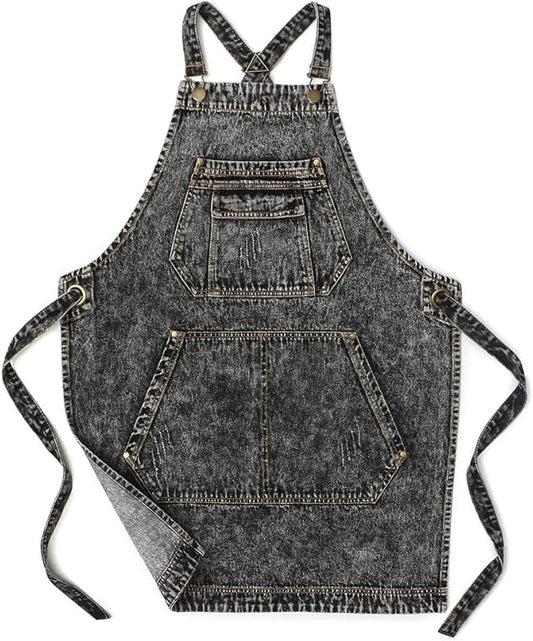 Jeanerlor - Denim Apron with Pockets for Hair Stylist Gardening Craftsmen Barista Women Hairdresser Jean Work Apron Cross Straps & Adjustable S to L (Black)