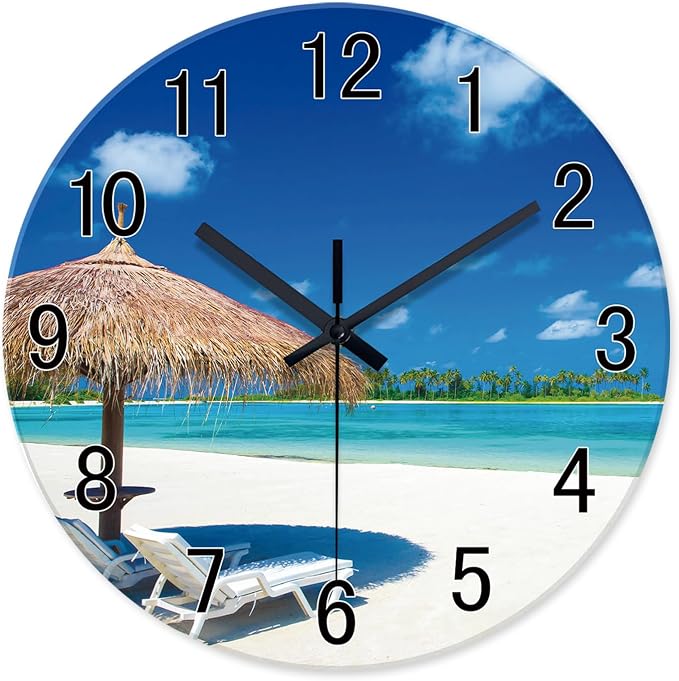XFM Beach Wall Clock Battery Operated 16 Inch Blue Coastal | Silent Non-Ticking Tropical Summer Nautical Round Decorative for Living Room Kitchen Bedroom Office