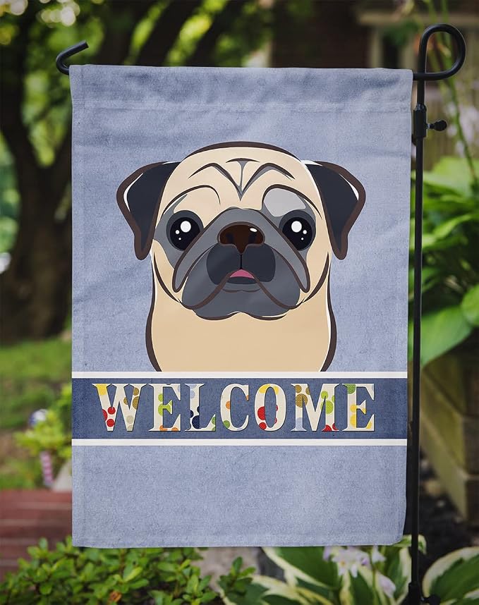 Caroline's Treasures BB1448GF Fawn Pug Welcome Garden Flag, Blue Mailbox Flag Decorative Yard Flag Banner Outside Patio Artwork Yard Flower Beds, Garden Size, Multicolor