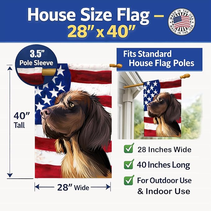 Caroline's Treasures CK6645CHF Picardy Spaniel Dog American Flag House Flag Large Porch Sleeve Pole Decorative Outside Yard Banner Artwork Wall Hanging, Polyester, House Size, Multicolor
