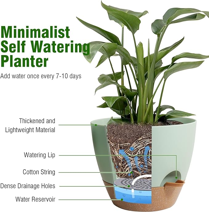 WSMKSZ 10/9/8 inch Self Watering Pots, Planter, Plant Pots with Mesh Drainage Holes for Indoor Outdoor Garden Plants, Plastic Flower Pots with Deep Reservoir for House Plants, Green with Brown