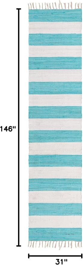 Unique Loom Chindi Rag Collection Area Rug - Striped (2' 7" x 12' 2" Runner, Turquoise and Ivory)