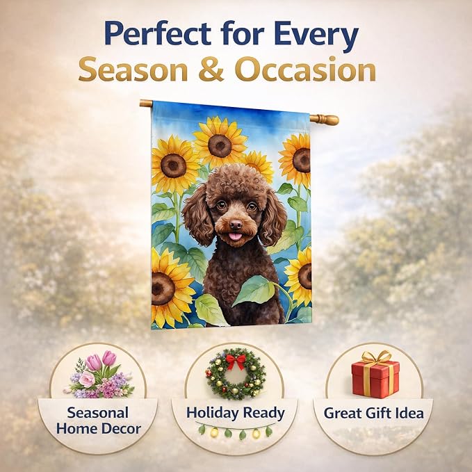 Caroline's Treasures DAC6139CHF Chocolate Poodle in Sunflowers House Flag Large Porch Sleeve Pole Decorative Outside Yard Banner Artwork Wall Hanging, Polyester, House Size, Multicolor