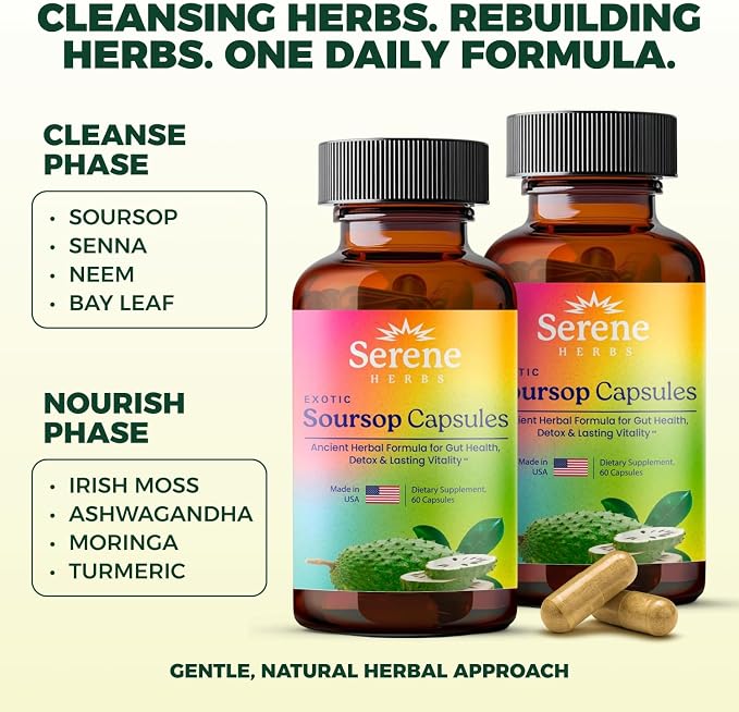 Serene Herbs Graviola Soursop Capsules Organic - Guanabana Extract Pills with Black Seed, Irish Moss & Moringa - 16 Herb Daily Supplements & Digestive Support - Vegan, Non-GMO (60 Count (Pack of 2))