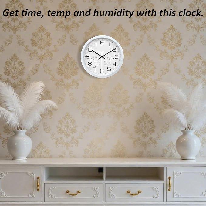 12 Inch Wall Clock with Temperature and Humidity, Wall Clocks Battery Operated, Silent Non-Ticking Large Numbers Analog Clock for Bedroom Living Room Office Kitchen Farmhouse Outdoor, White, Celsius