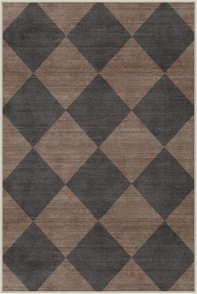 Beeiva Checkered Print 2x3 Samall Area Rugs for Entryway, Washable Stain Resistant Kitchen Rug Non Slip Ultra Thin 2x3 Bath Mat, Plaid Moroccan Alfombra for Bedroom Laundry Sink (Brown/Black)
