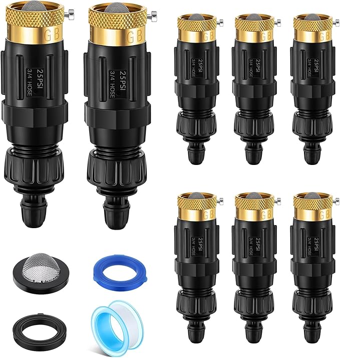 Drip Irrigation Faucet Adapter 25 PSI, 1/4" Tubing Quick Connect to 3/4" Garden Hose with Backflow Preventer, Filter, Tape, Pressure Regulator, Copper Drip Irrigation System Fittings (8 Pack)