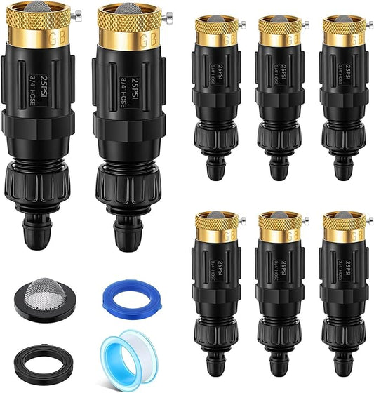 Drip Irrigation Faucet Adapter 25 PSI, 1/4" Tubing Quick Connect to 3/4" Garden Hose with Backflow Preventer, Filter, Tape, Pressure Regulator, Copper Drip Irrigation System Fittings (8 Pack)