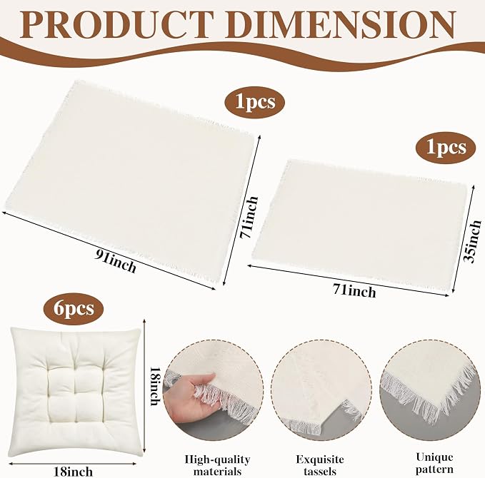 Novabright Picnic Kit Folding Picnic Table Extra Large Outdoor Boho Blanket Beige Table Runner Floor Pillow Covers Woven Cotton Oversize Washable for Camp Wedding(Cream White,Floor Cushions,10 Pcs)