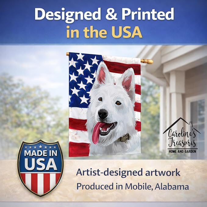 Caroline's Treasures CK6431CHF Berger Blanc Suisse American Flag House Flag Large Porch Sleeve Pole Decorative Outside Yard Banner Artwork Wall Hanging, Polyester, House Size, Multicolor
