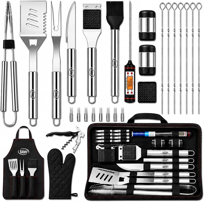 Kaluns Grilling Accessories, Dad Gifts for Fathers Day, Heavy Duty Stainless Steel Grill Set BBQ Grill Accessories for Outdoor Grill with Meat Thermometer, Case and Apron