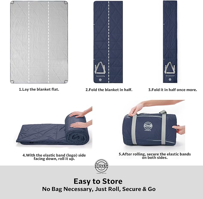 STOVER Large Waterproof Outdoor Stadium Blanket- Extra Thick Soft Fleece Camping Blanket for Travel, Picnics, Sports, Dogs 79"x55", Warm, Windproof, Sand-Proof, Lightweight, Packable (Victory Blue)