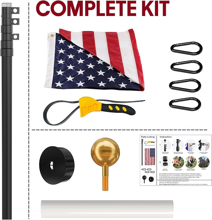 20FT Telescoping Flag Pole for Outside House, Extra Thick Telescopic Flagpole with USA Flag, Inground Outdoor Use, Camper RV, Residential & Commercial, Complete Hardware & Aluminum Top Ball (Black)