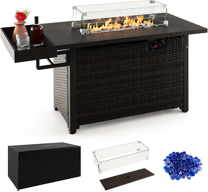 Tangkula Patio Propane Fire Pit Table, 52 Inch Wicker Gas Fire Pit with Wind Guard & Extended Shelf, 50,000 BTU Heat Output, Rectangular Fire Table with Blue Fire Stone & Waterproof Cover (Brown)