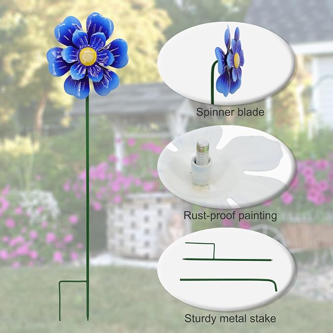Metal Flower Wind Spinner Lawn Stakes Yard Art, Garden Iron Handicrafts | WEIBEFEE; 5 Pieces;Lawn Ornaments; 27 Inch Windmill Outdoor; Fade-resistant; Great gift choice; Decoration Gift