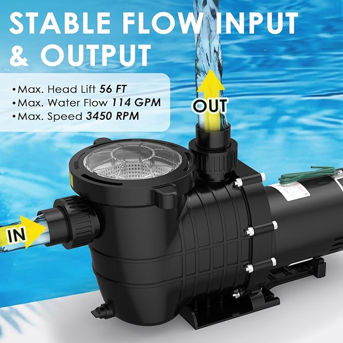Seeutek 2HP Pool Pump for Above/In Ground Pools, 115V/230V 6840GPH | High Flow Energy Efficient Pure Copper Motor, 1.5", 2", and 1.25"-1.5" Connectors, Strainer Basket & Drain Plug, Self Priming