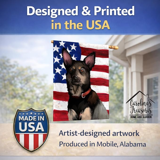 Caroline's Treasures CK6411CHF Australian Kelpie American Flag House Flag Large Porch Sleeve Pole Decorative Outside Yard Banner Artwork Wall Hanging, Polyester, House Size, Multicolor