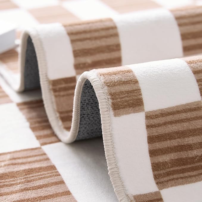 jinchan 6x9 Area Rug Washable Modern Checkered Rug for Kids Room, Brown | Geometric Lattice, Soft, Non-Slip, Floor Carpet, Kitchen, Nursery, Bedroom, Living Room, Dining Room, Nursery, Playroom