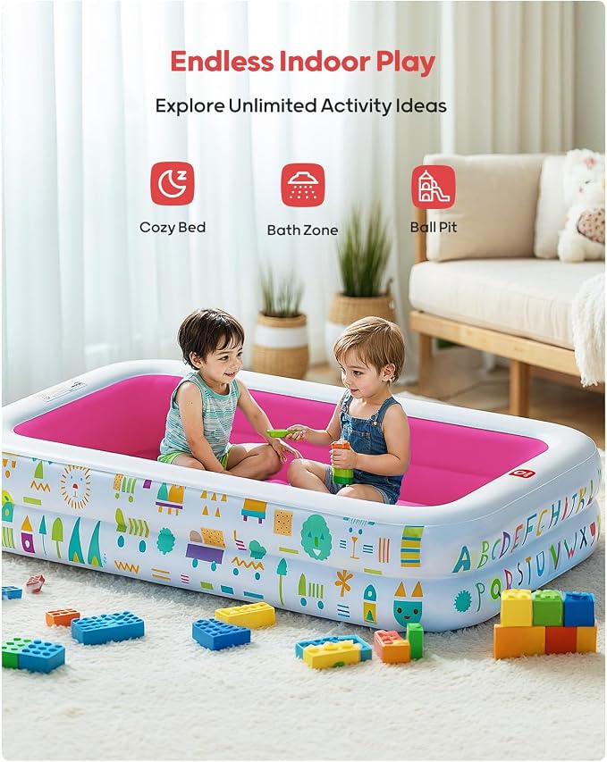 QPAU Kiddie Pool, Alphabet and Number Design, 65 x 39 in, Pink | Inflatable Design with Soft Floor, Converts to a Ball Pit for Kids and Toddlers, for Indoor and Backyard Play