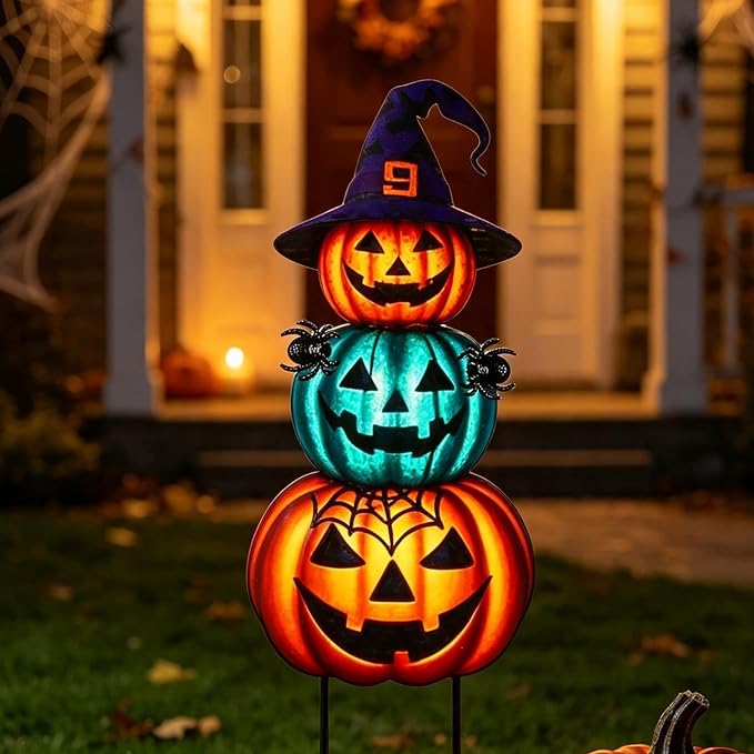 Halloween Yard Stakes Large with Stackable Pumpkins Scary Spiders | 39.3" Metal Halloween Yard Decorations for Garden, Lawn, Patio, Outdoor Decor with Witch Hat