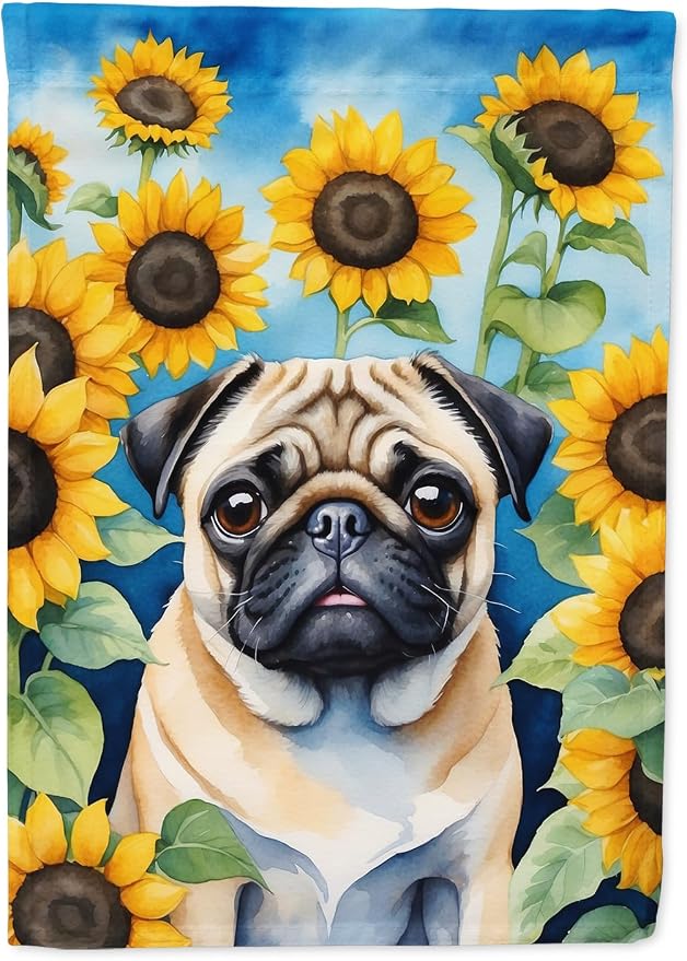 Caroline's Treasures DAC6145CHF Pug in Sunflowers House Flag Large Porch Sleeve Pole Decorative Outside Yard Banner Artwork Wall Hanging, Polyester, House Size, Multicolor