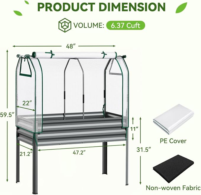 Ohuhu Raised Garden Bed with PE Cover, 48"x22"x59.5" Galvanized Elevated Planter Box with Legs, Large Garden Box Outdoor Planters for Outdoor Plants, Heavy Duty Gardening Bed for Flower Vegetable