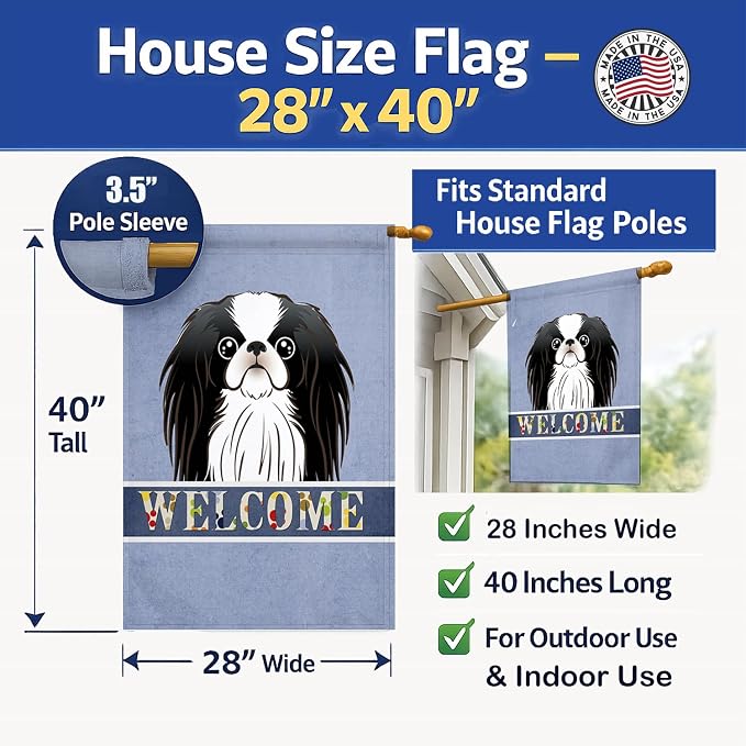 Caroline's Treasures BB1416CHF Japanese Chin Welcome House Flag, Blue Large Porch Sleeve Pole Decorative Outside Yard Banner Artwork Wall Hanging, Polyester, House Size, Multicolor