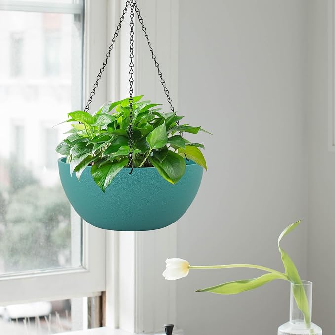 WSMKSZ 10 inch Hanging Planters for Outdoor Indoor Plants with Drainage Holes and Chain, 2 Pack Round Hanging Flower Pots for Garden Home Porch Decor, Blue Green