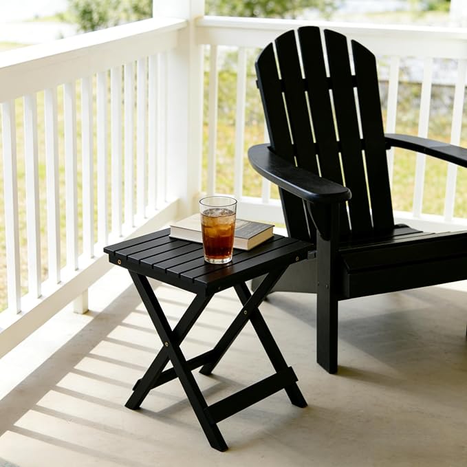 Outdoor Small Table Square Folding Wooden Patio Side Table Set of 2 Furniture Table for Adirondack Chair, Balcony, Porch, No Assembly Required, Black