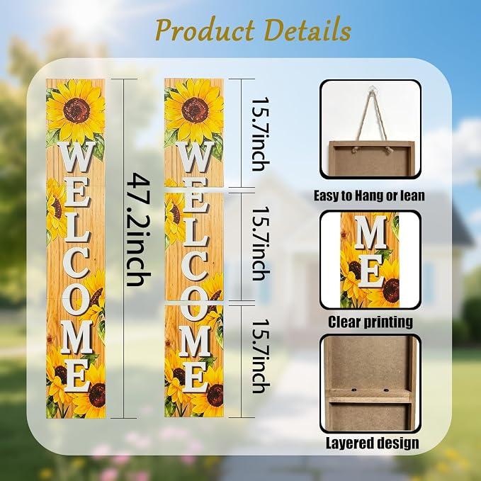 Vertical Wood Welcome Sign for Front Porch Vertical Decorative Sign Front Door Outdoor Indoor Welcome Sign 47.2x7.8 Inch Sunflower Outdoor Decor for Summer Front Porch Decorations.