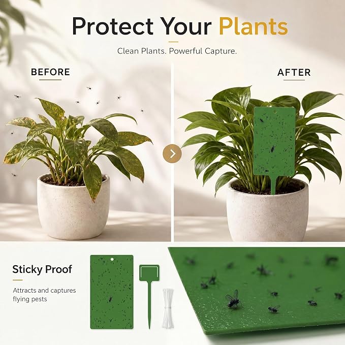 Qualirey 150 Pcs Green Sticky Traps for Gnats, 6 x 8 Inch Dual Sided Gnat Traps for Indoor Outdoor Plants, Fungus Gnat Sticky Cards for Fruit Flies Whiteflies Thrips, Twist Ties and Plastic Holders