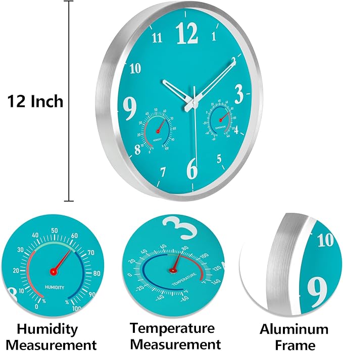 Outdoor Clock Waterproof with Thermometer and Hygrometer Combo, Outdoor Metal Wall Clock for Garden Patio Pool 12 Inch Blue