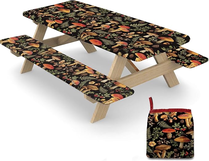 Picnic Table Cover with Bench Covers Elastic Edges, 3 Pcs Mushroom Fitted Table Cover with Drawstring Bag, Waterproof Windproof Aesthetic Camping Tablecloth, Outdoor Camping Essentials 72 Inch