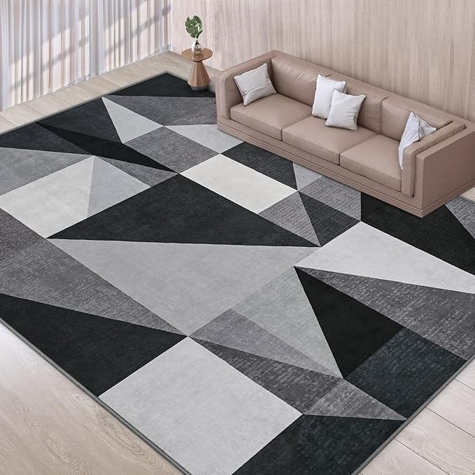 TWINNIS Indoor Modern Area Rug, 6x9 Geometric Patchwork Style Washable Large Rugs for Living Room Bedroom Hardwood Floors, Non Shedding Non Anti Backing Soft Carpet Home Floor Decor, Grey