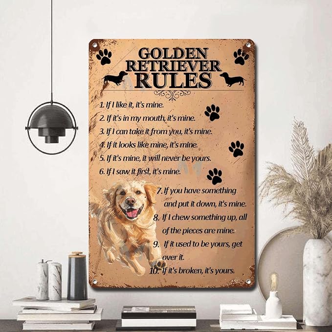 Metal Sign Tin Sign Vintage Wall Art Golden Retriever Rules Signs for Garden for Home Decor 12×16 Inches
