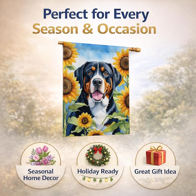 Caroline's Treasures DAC6094CHF Greater Swiss Mountain Dog in Sunflowers House Flag Large Porch Sleeve Pole Decorative Outside Yard Banner Artwork Wall Hanging, Polyester, House Size, Multicolor