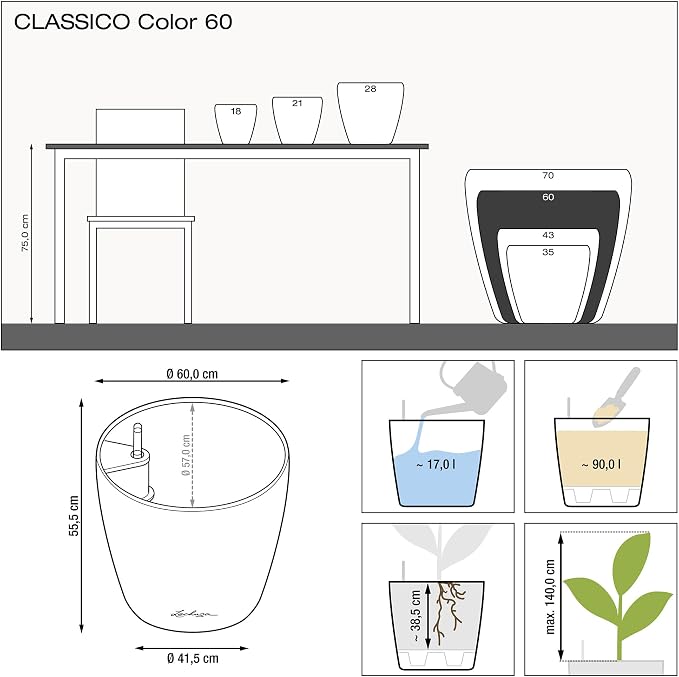 Lechuza Classico Color 60 Sand Brown, Self-Watering Large Round Planter, D23.6 H21.7 in