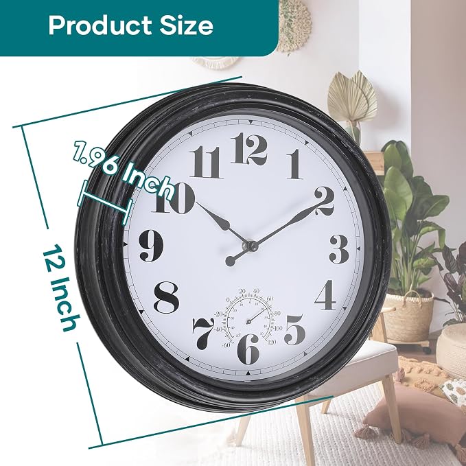 Outdoor Wall Clock 12 Inch Waterproof Outdoor Clocks with Thermometer Wall Clock Battery Operated Non-Ticking for Patio Pool Garden(12Inch, Dark Black)