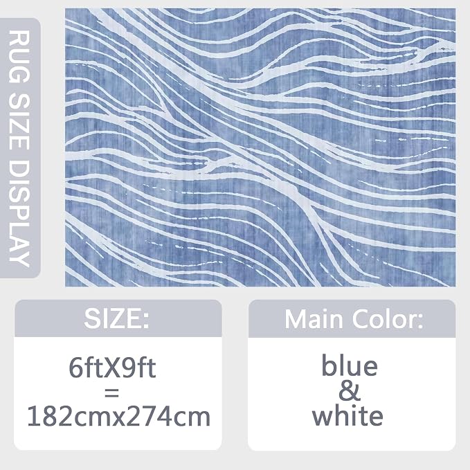 Washable Area Rug 6x9, Large Soft Rugs for Living Room Blue Waves Carpet 6x9 Area Rugs for Bedroom Dining Room Non-Slip Stain Resistant Under Table Rug